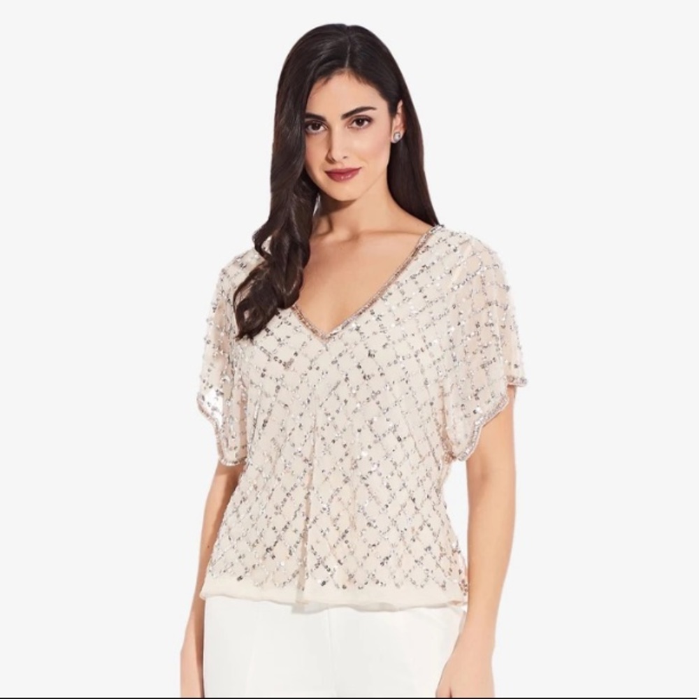 SEQUIN FLUTTER SLEEVE TOP IN CHAMPAGNE SILVER